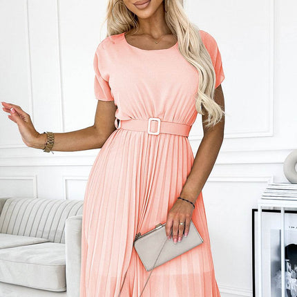 Peach Pleated Midi Dress with Belt – MIA