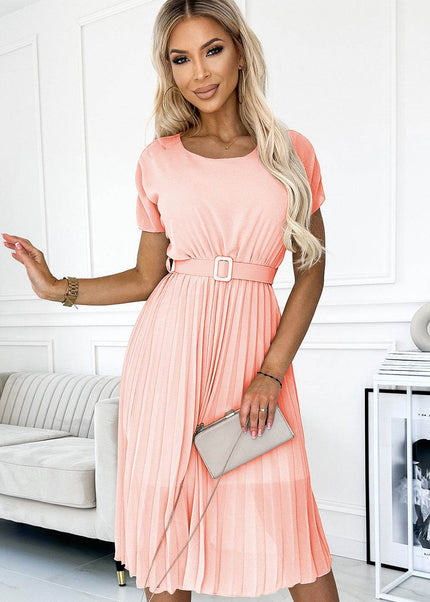 Peach Pleated Midi Dress with Belt – MIA