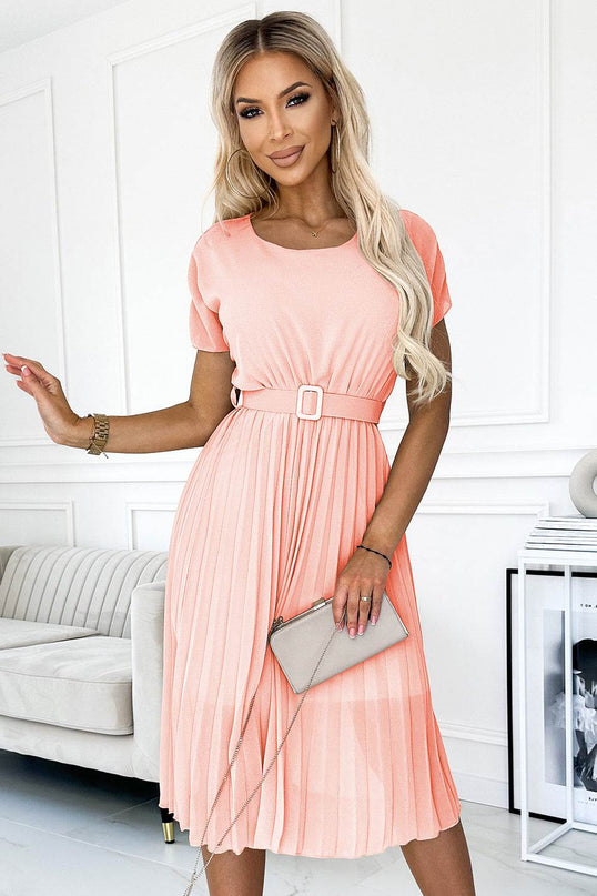 Peach Pleated Midi Dress with Belt – MIA