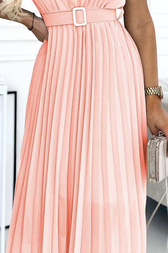 Peach Pleated Midi Dress with Belt – MIA