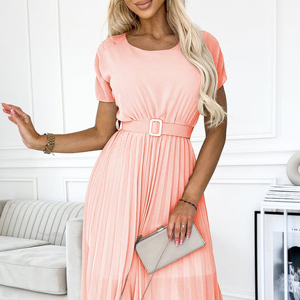 465-1 MIA Pleated midi dress with a wide belt - peach