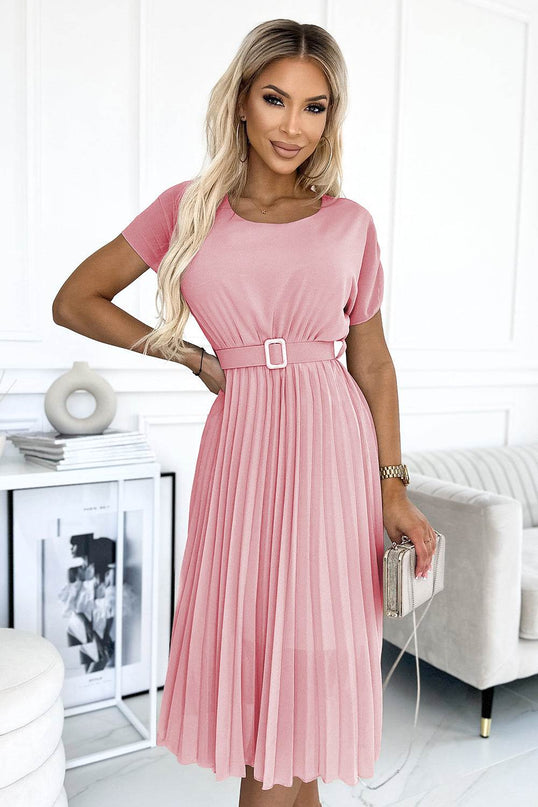 Dirty Pink Pleated Midi Dress with Wide Belt – MIA