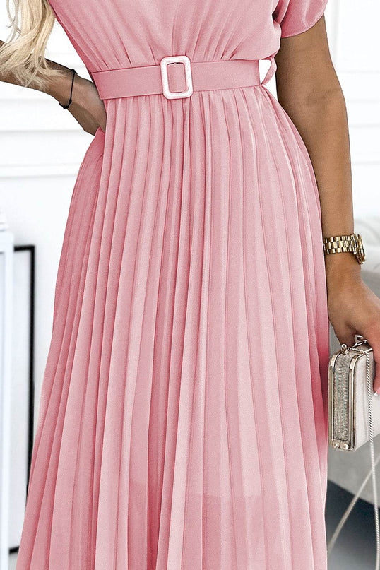 Dirty Pink Pleated Midi Dress with Wide Belt – MIA