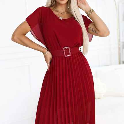 Burgundy Pleated Chiffon Midi Dress with Belt – MIA