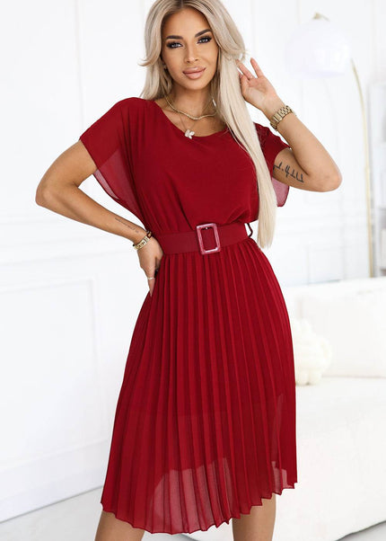 Burgundy Pleated Chiffon Midi Dress with Belt – MIA