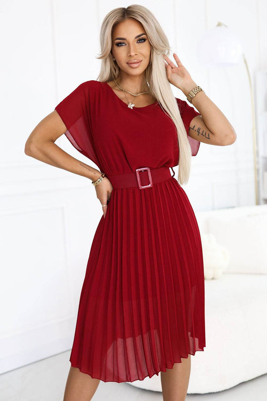 Burgundy Pleated Chiffon Midi Dress with Belt – MIA