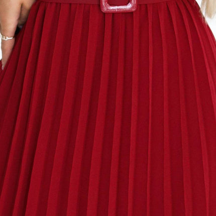 Burgundy Pleated Chiffon Midi Dress with Belt – MIA