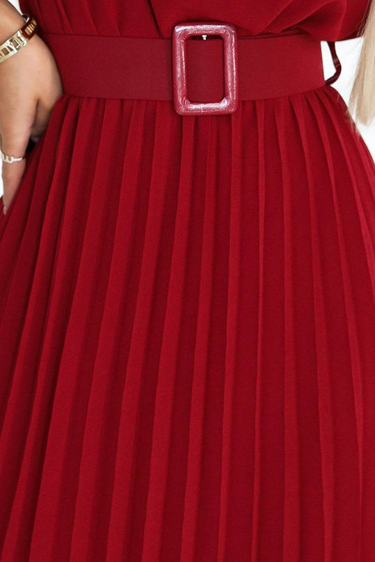 Burgundy Pleated Chiffon Midi Dress with Belt – MIA