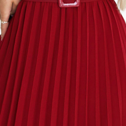 465-5 MIA Pleated Chiffon Midi Dress with Wide Belt - Burgundy