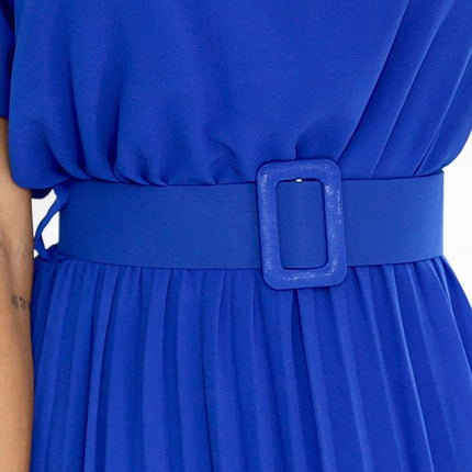 Cornflower Blue Pleated Chiffon Midi Dress with Belt – MIA