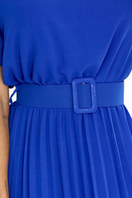 Cornflower Blue Pleated Chiffon Midi Dress with Belt – MIA