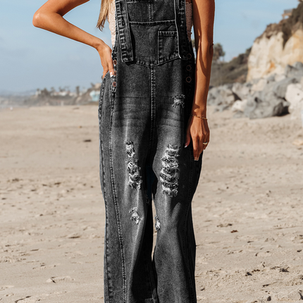 Stone Blue Distressed Bib Pocket Wide Leg Denim Overall
