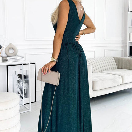 Green Brocade Long Dress with Leg Slit – Louise