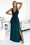 Green Brocade Long Dress with Neckline and Leg Slit – Louise