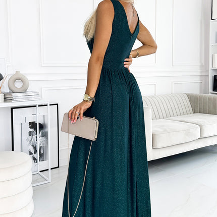 467-1 LOUISE brocade long dress with a neckline and a leg slit - green