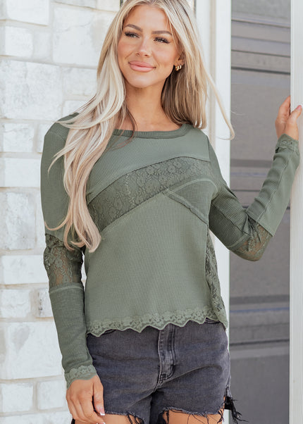 Sage Green Solid Color Waffle Ribbed Lace Patchwork Long Sleeve Top