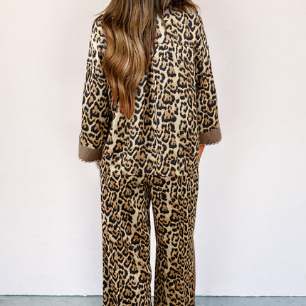 Brown Leopard Collared 3/4 Sleeve Shirt and Loose Pants Two Piece Outfit Set