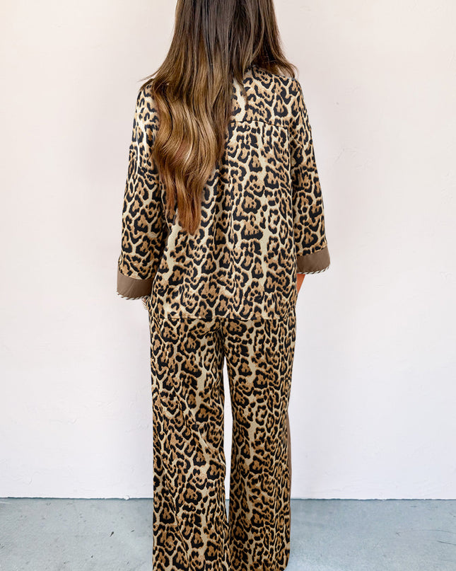 Brown Leopard Collared 3/4 Sleeve Shirt and Loose Pants Two Piece Outfit Set