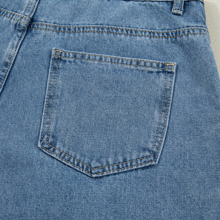 Dusk Blue Pleated Wide Leg Retro Pocketed Denim Jumpsuit