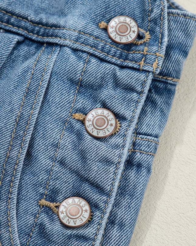 Dusk Blue Pleated Wide Leg Retro Pocketed Denim Jumpsuit