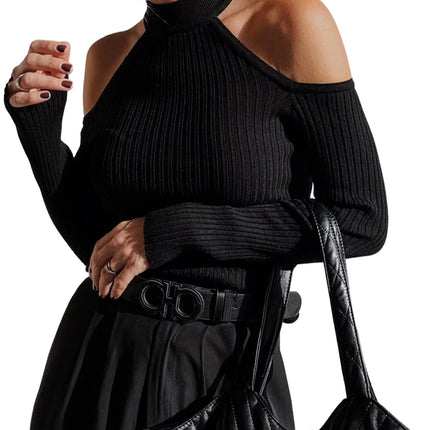 Black Ribbed Knit Cold Shoulder Choker Neck Sweater