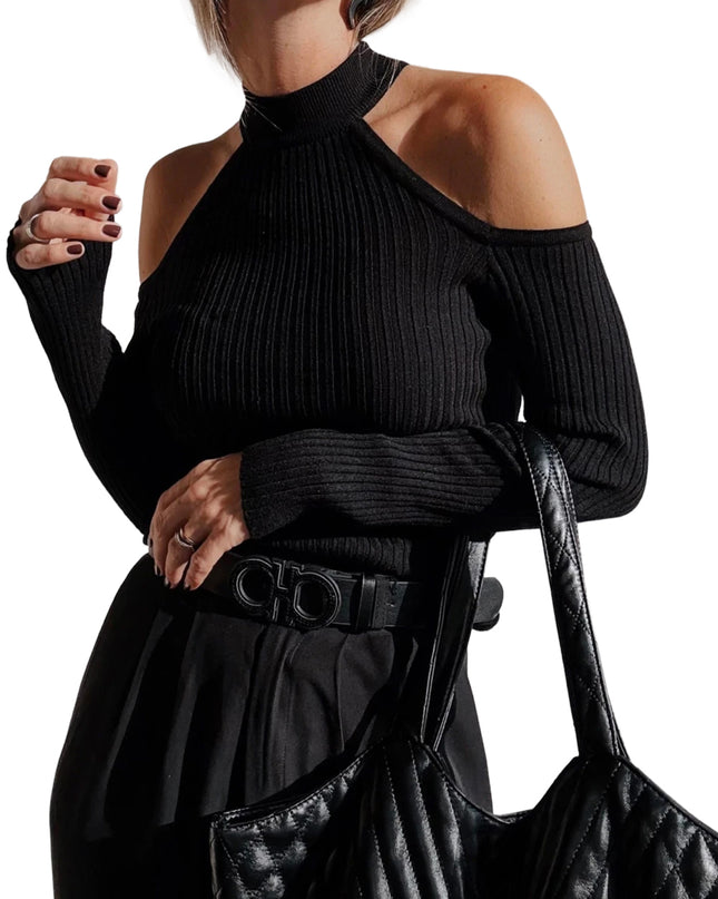 Black Ribbed Knit Cold Shoulder Choker Neck Sweater