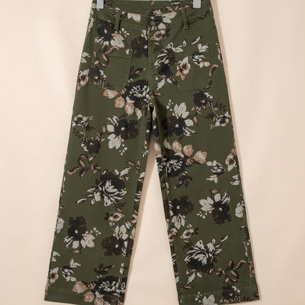 Green Vintage Floral Print Square Patch Pocket Raw Hem Shift Jeans