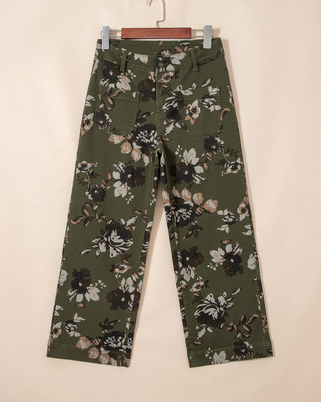 Green Vintage Floral Print Square Patch Pocket Raw Hem Shift Jeans