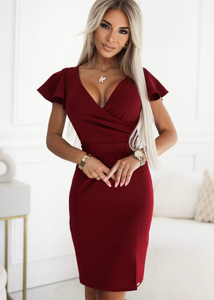 479-7 NINA elegant dress with envelope neckline, sleeve and belt - burgundy color