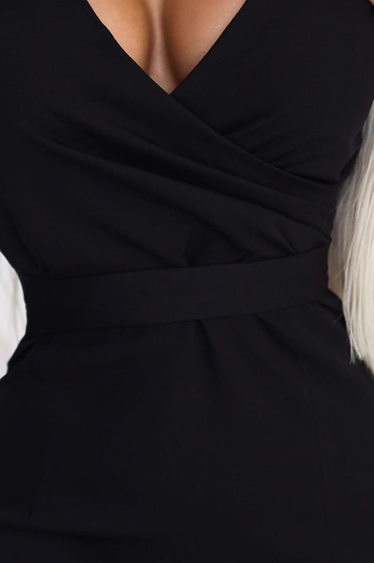 479-9 NINA elegant dress with envelope neckline, sleeve and belt - black