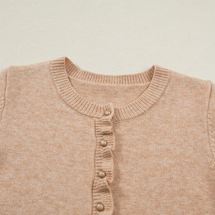Oatmeal Ruffle Trim Gold Button Sweater Cardigan