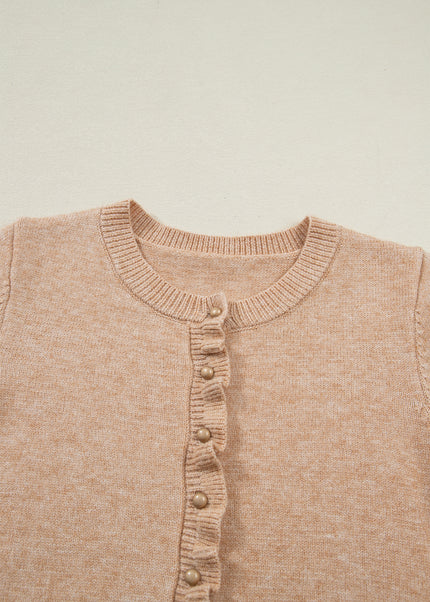 Oatmeal Ruffle Trim Gold Button Sweater Cardigan