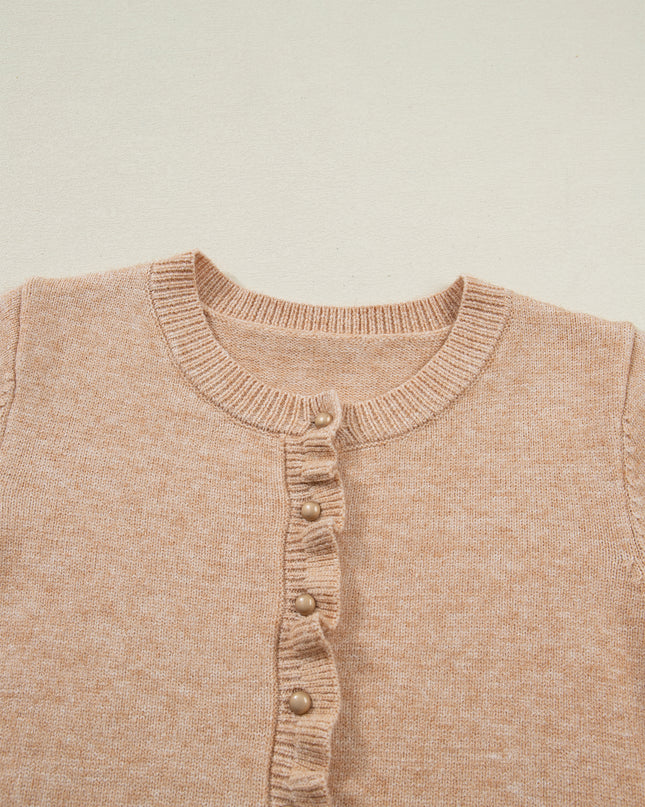 Oatmeal Ruffle Trim Gold Button Sweater Cardigan