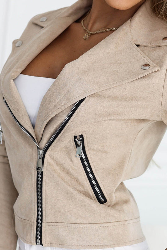 Beige Cashmere Suede Moto Jacket with Zippers