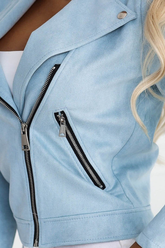 Turquoise Suede Moto Jacket with Zippers