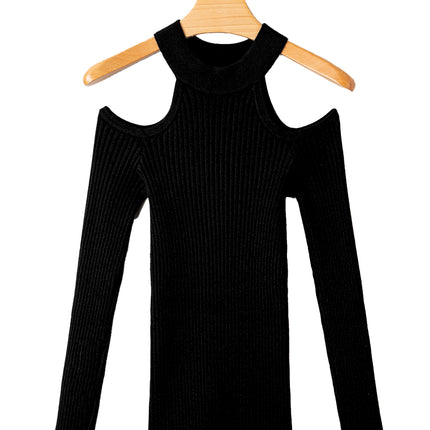 Black Ribbed Knit Cold Shoulder Choker Neck Sweater