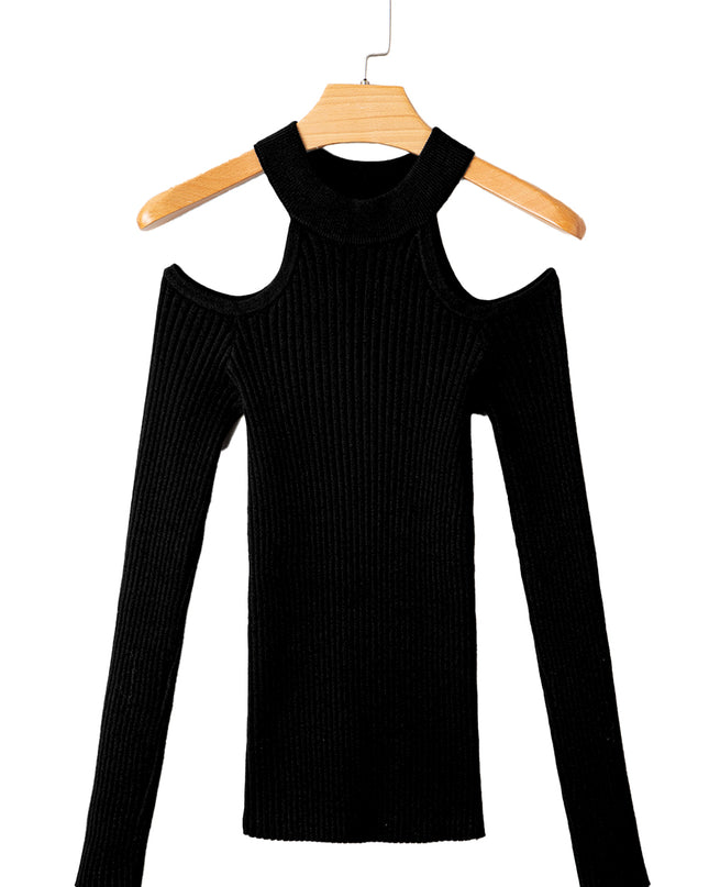 Black Ribbed Knit Cold Shoulder Choker Neck Sweater