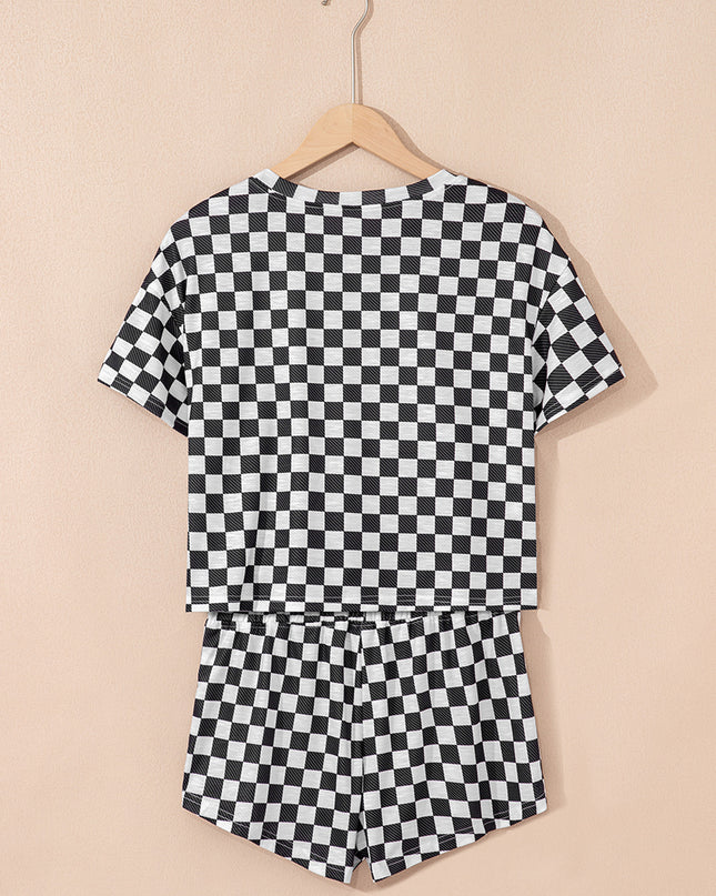 Black Checkerboard T Shirt and High Waist Skorts 2 Piece Outfit set
