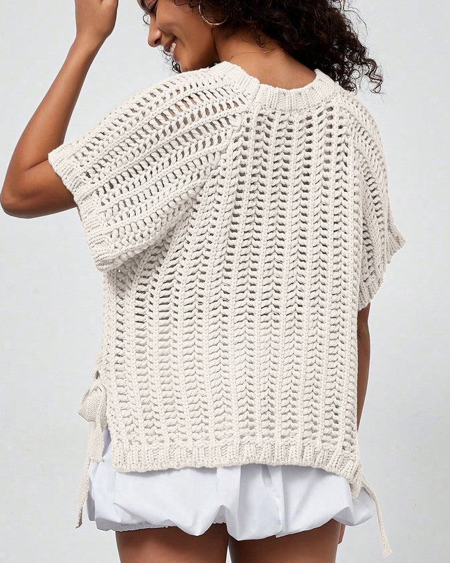 Apricot Plus Size Open Knit Bow Tie Short Sleeve Sweater