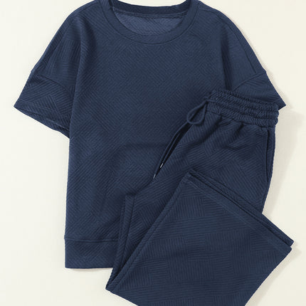 Black Textured Loose Fit T Shirt and Drawstring Pants Set