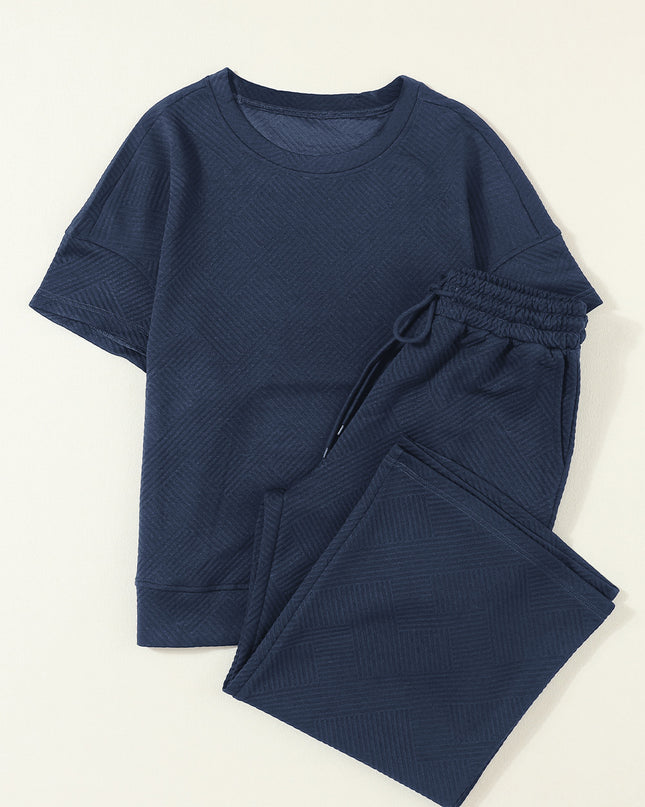 Black Textured Loose Fit T Shirt and Drawstring Pants Set