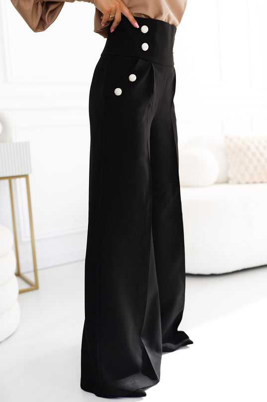 Black High Waist Wide Pants with Gold Buttons