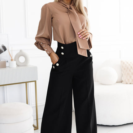 19773-1-496-2 Elegant wide pants with high waist and golden buttons - black-1