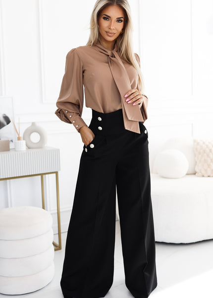 19773-1-496-2 Elegant wide pants with high waist and golden buttons - black-1