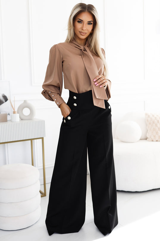 Black High Waist Wide Pants with Gold Buttons