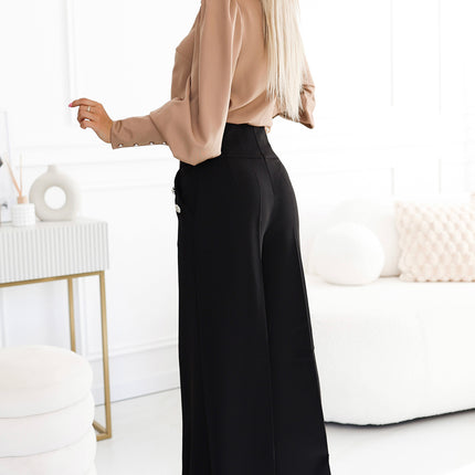19773-3-496-2 Elegant wide pants with high waist and golden buttons - black-3