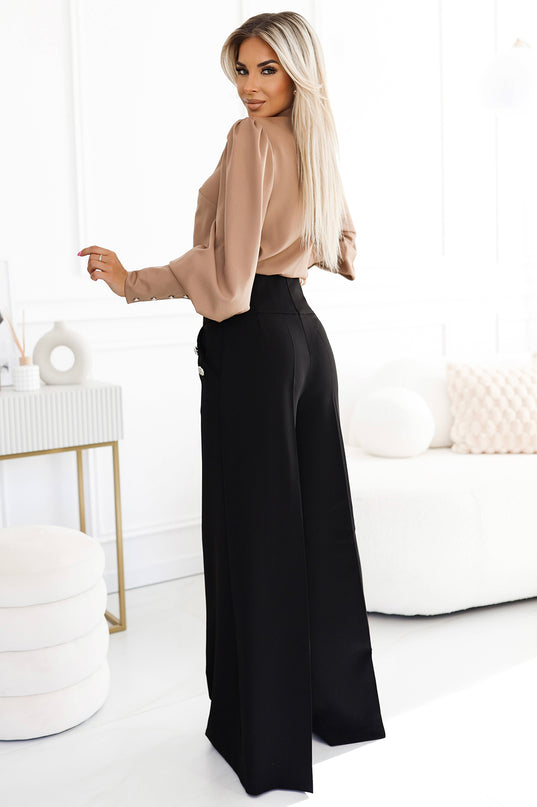 Black High Waist Wide Pants with Gold Buttons