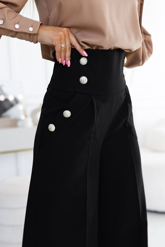 Black High Waist Wide Pants with Gold Buttons