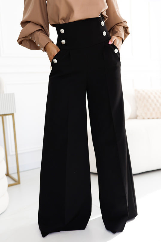 Black High Waist Wide Pants with Gold Buttons