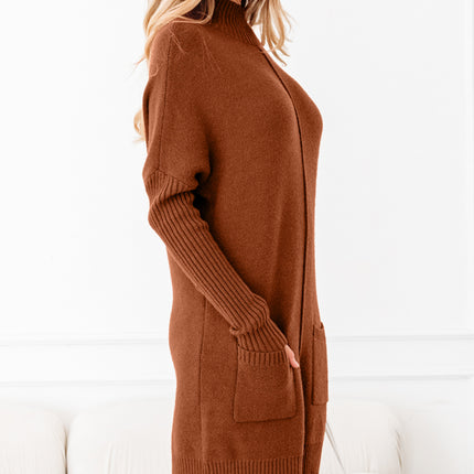 Chestnut Ribbed High Neck Front Pockets Center Seam Shift Sweater Dress